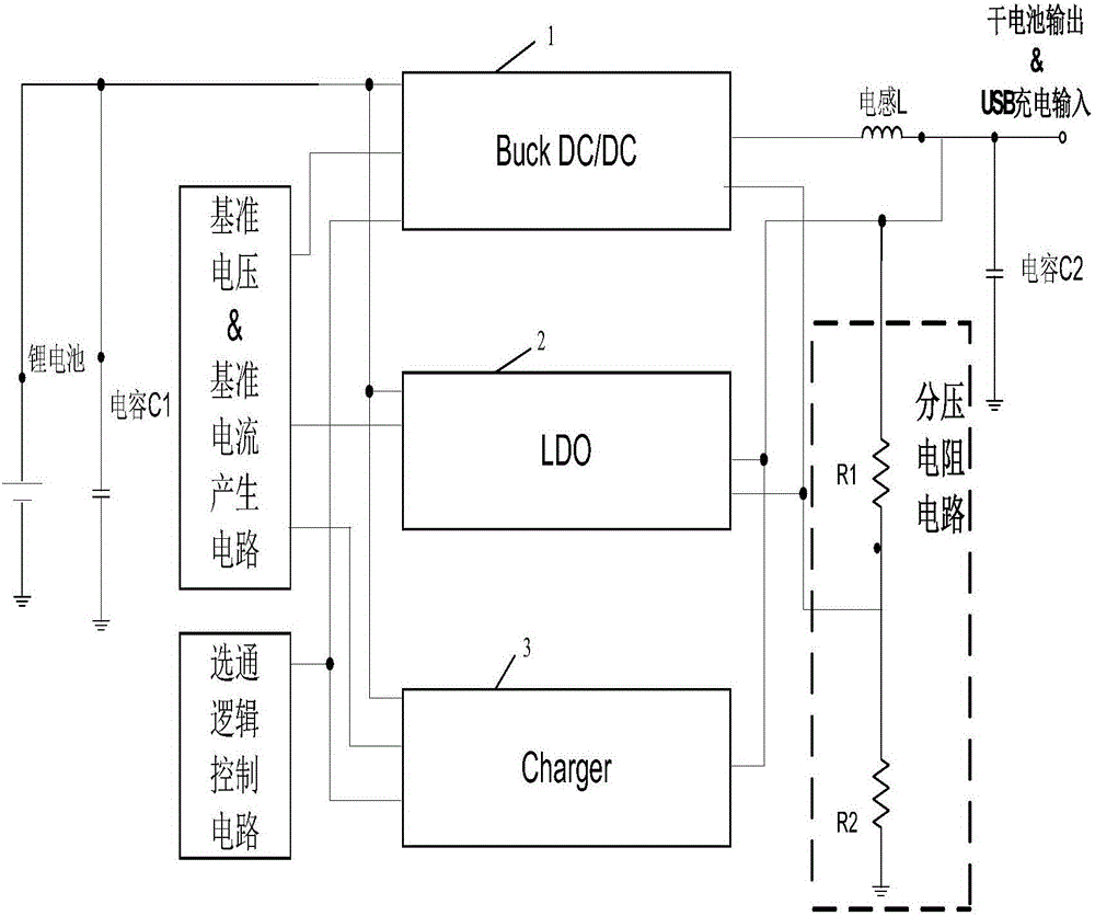 一種鋰電池降壓輸出及充放電保護(hù)系統(tǒng)的制作方法附圖